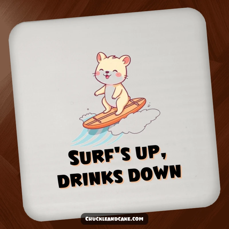 Funny drink coaster art of an animal gleefully riding a tiny surfboard down a gentle wave.