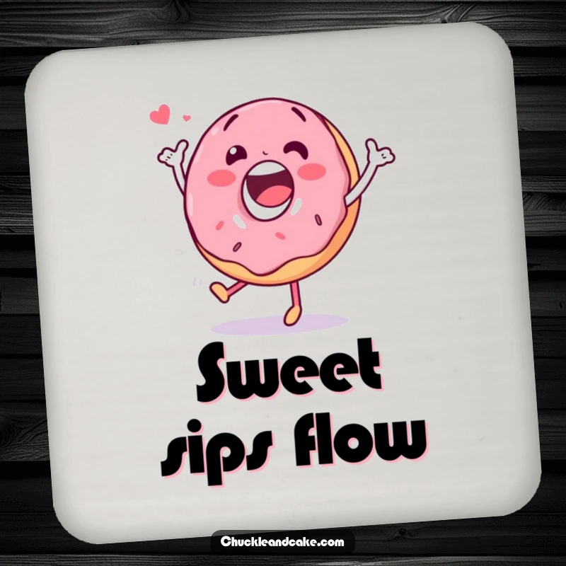 Funny drink coaster with a happy donut character doing a silly dance, protecting surfaces with sugary joy.
