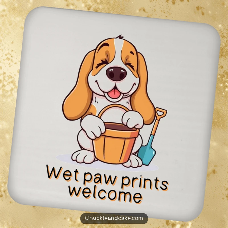 Funny Basset Hound winking with bucket and spade, ready for beach fun, on protective drink coasters.