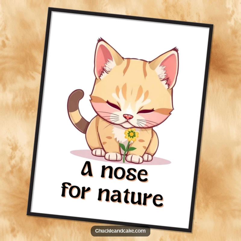 Funny Bobtail cat's face close to a small, colorful flower, rendered as whimsical wall art, perfect for a humorous animal lover's space.