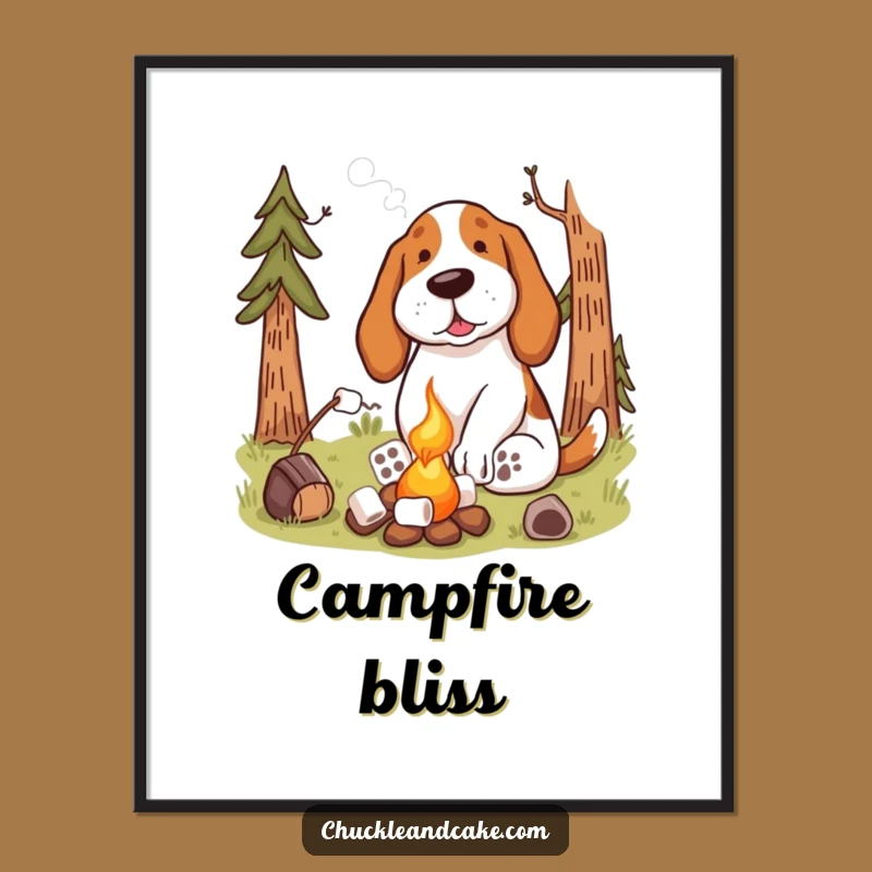 Funny Basset Hound Campfire Poster: Humorous Dog Art for Cozy Home Decor