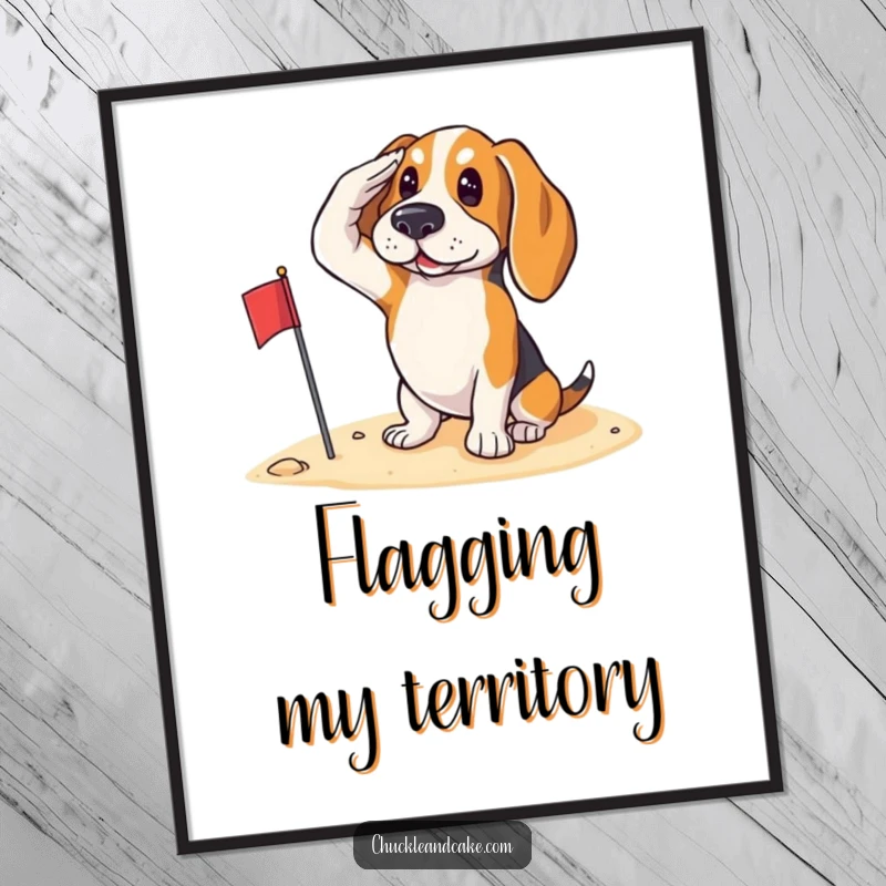Funny Basset Hound saluting with a small flag on the sand, looking patriotic and proud, as humorous wall art poster.