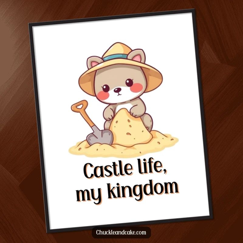 Funny poster art of an animal in a sun hat building a sandcastle with a shovel.