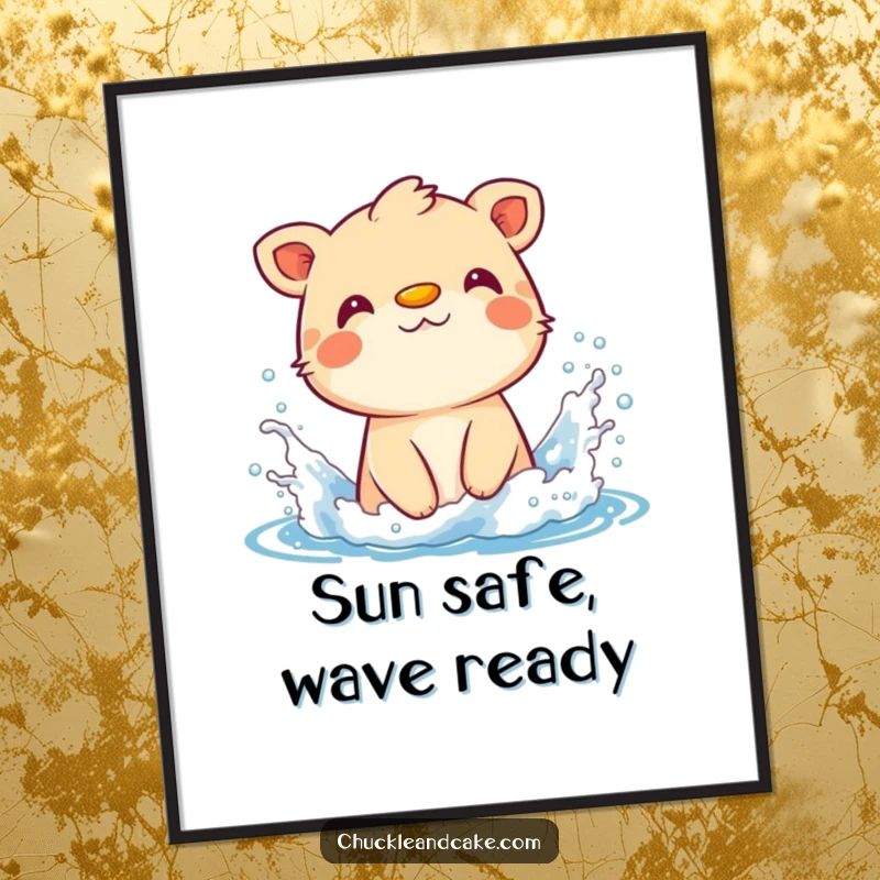 Funny poster art of an animal with sunscreen on its nose, joyfully splashing amidst ocean waves.