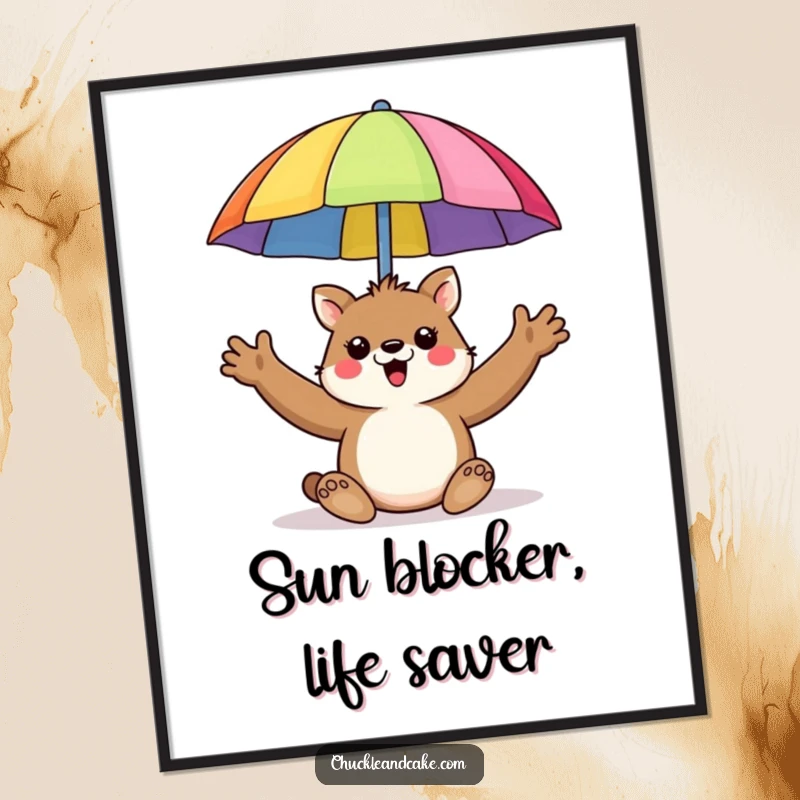 Funny poster art of an animal enthusiastically holding up a colorful beach umbrella.