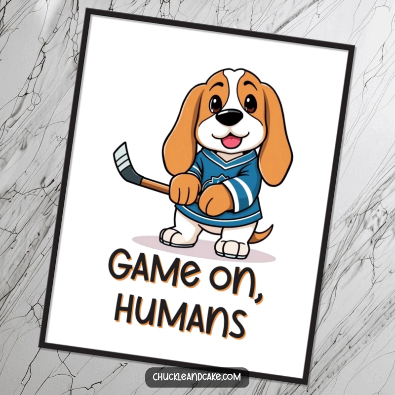 Funny Basset Hound dog wearing a hockey jersey and holding a tiny stick as a vibrant poster print.
