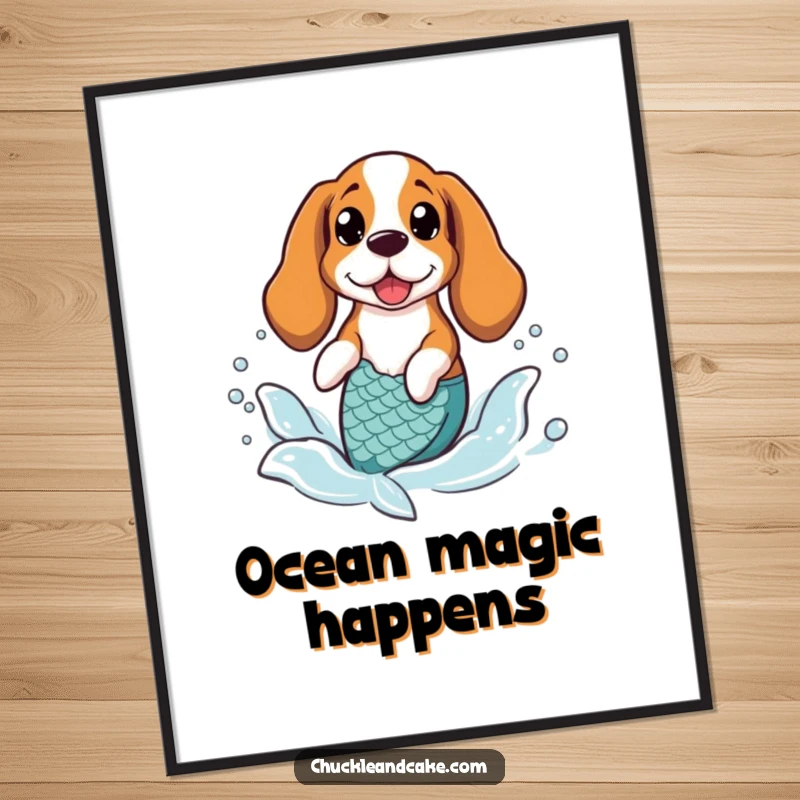 Funny Basset Hound wearing a mermaid tail, splashing joyfully in gentle waves, as whimsical wall art poster.