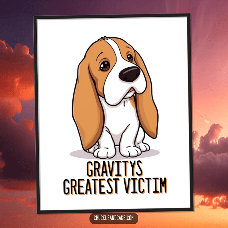 Funny Basset Hound with droopy ears tripping over its own long ears, clumsy dog wall art, droopy ears charm, perfect funny gift.
