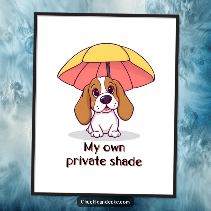 Funny Basset Hound Poster: A Basset Hound peeking from behind a beach umbrella, a whimsical and humorous beach-themed art piece.