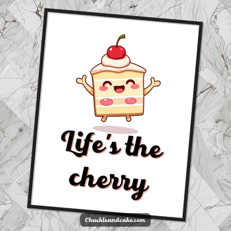 Funny slice of cake with a cherry on top beaming and jumping, a poster showcasing a celebratory dessert character with vibrant energy.