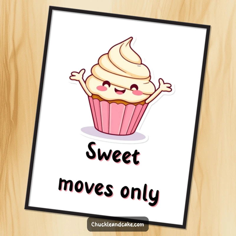 Funny poster print of a happy, stylized cupcake spinning merrily with outstretched frosting arms.
