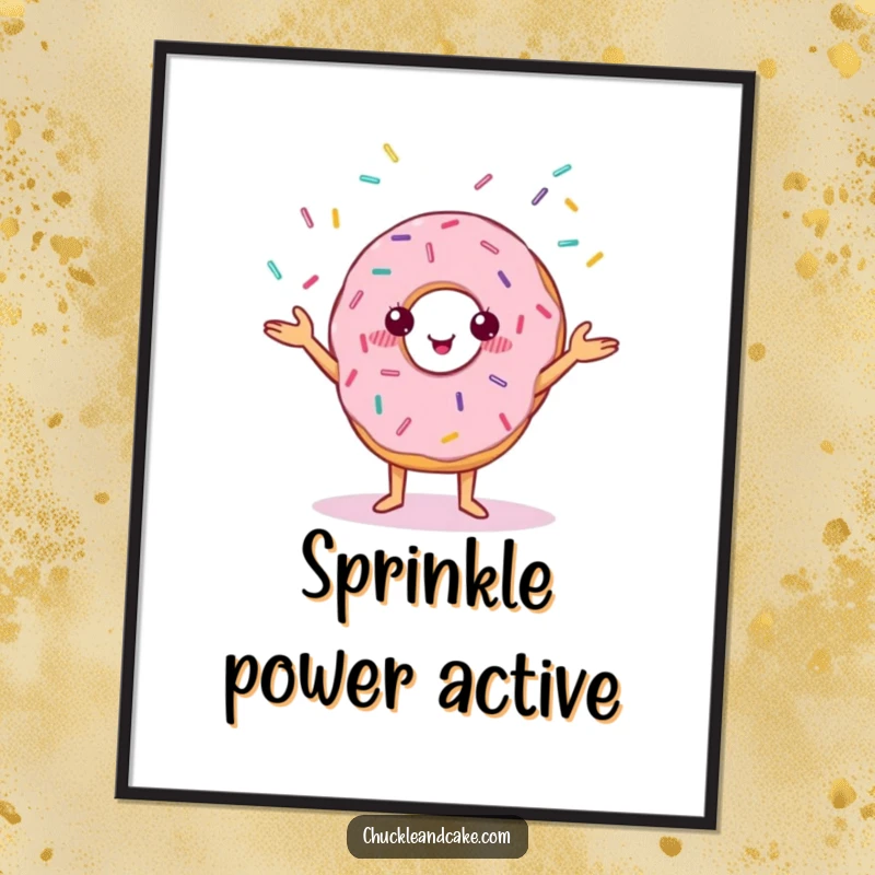 Funny poster print of a cheerful donut with small eyes, performing a juggling act with colorful sprinkles.