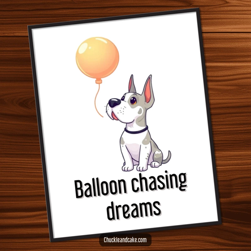 Funny Grand Dane poster showing a dog's profile as it looks up with absolute wonder at a solitary, drifting balloon.