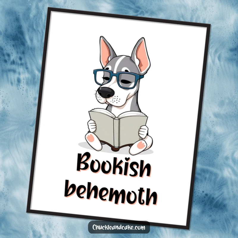 Funny Grand Dane Glasses Poster: A Grand Dane wearing tiny glasses is intently reading a book, creating a scholarly atmosphere.