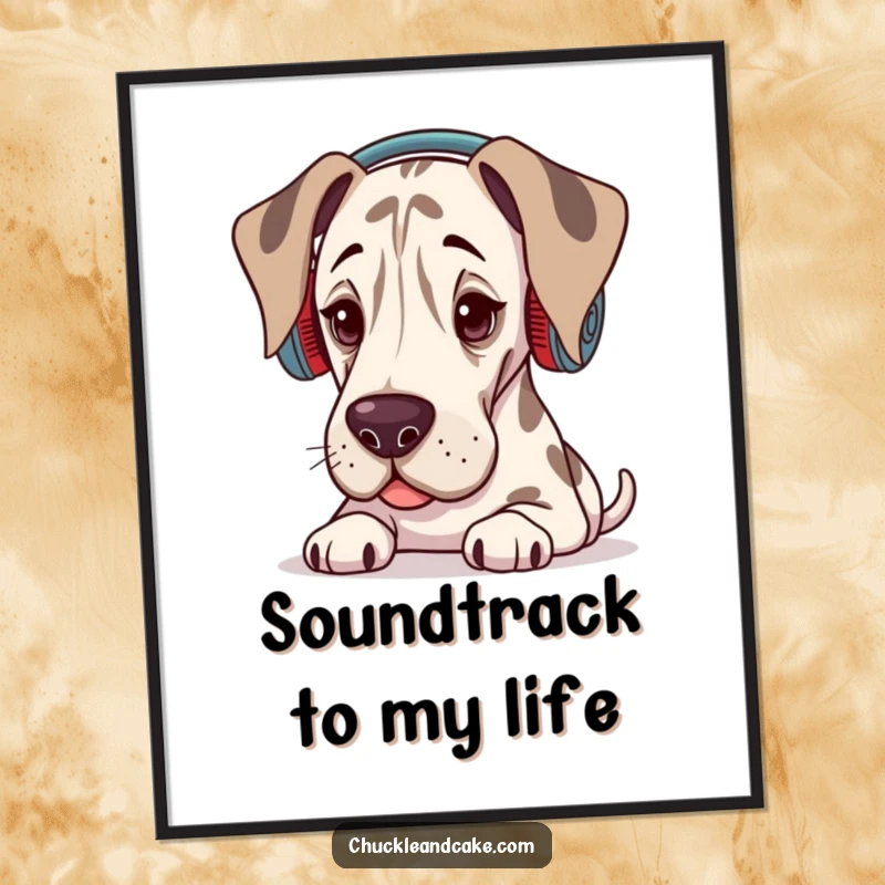 Funny Grand Dane poster of a dog wearing ear warmers, eyes closed, enjoying music with headphones (implied).