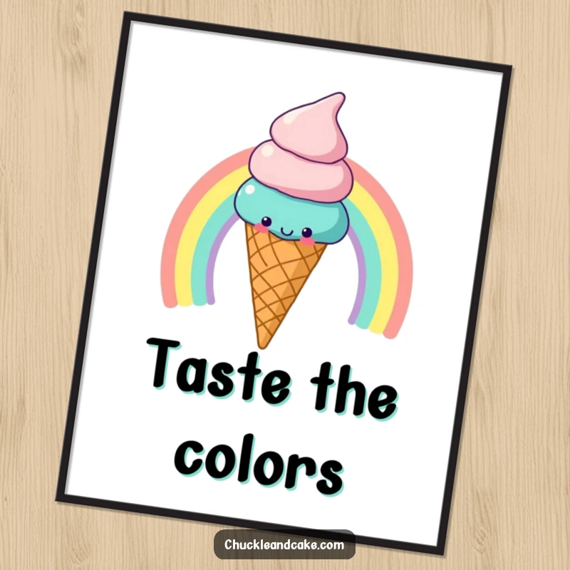 Funny Poster: A joyful ice cream cone slides down a vibrant rainbow, capturing a moment of pure bliss.