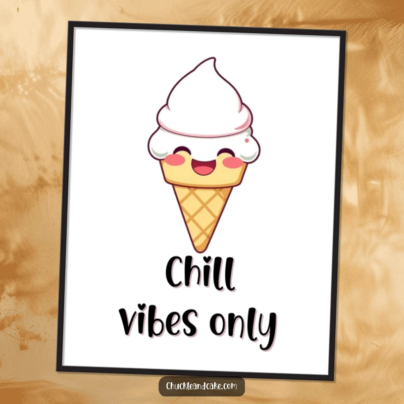 Funny laughing ice cream cone with frosting melting slightly on a poster, a delightful and humorous wall art.