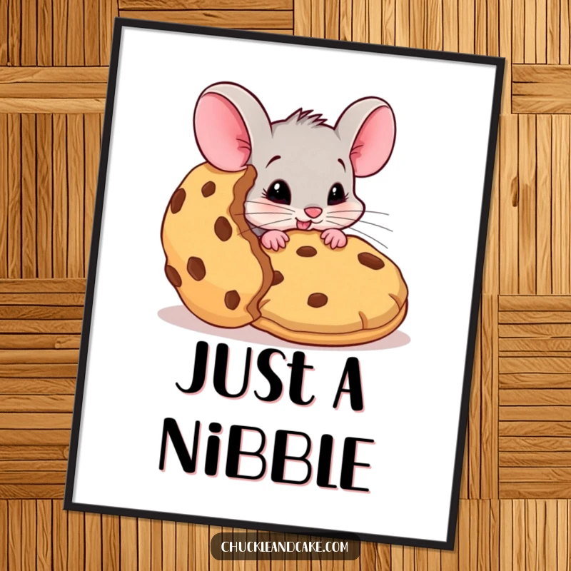 Funny mouse poster, mischievous rodent attempting to steal a giant cookie, humorous wall art, cute animal illustration, perfect funny gift for home.