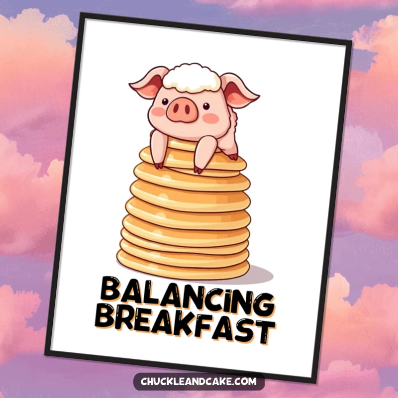 Funny sheepish pig precariously balancing a tall stack of pancakes on a poster, comical and adorable breakfast wall art.
