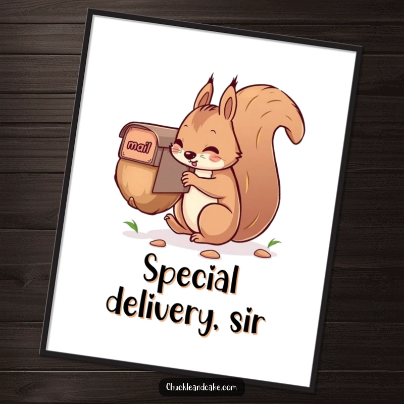 Funny squirrel poster, humorously depicted attempting to mail a giant nut, with a funny and determined expression.