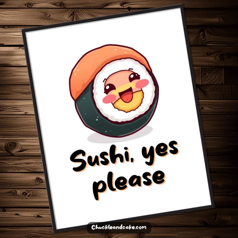 Funny poster of a beaming sushi roll happily spinning on its side, adding vibrant joy and humorous charm to decor.
