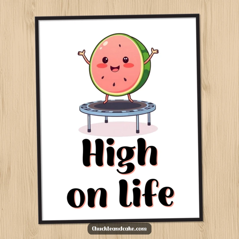 Funny watermelon poster depicting a merry slice of watermelon joyfully bouncing on a trampoline, bringing summer energy to any wall.