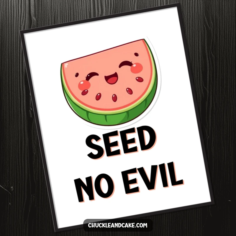Funny watermelon slice poster with seeds winking, a delightful piece of art showcasing a cheerful and humorous fruit character for wall decor.