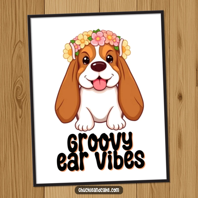Funny Basset Hound Poster with droopy ears, wearing a flower crown, smiling, offering humorous and cheerful wall decor.