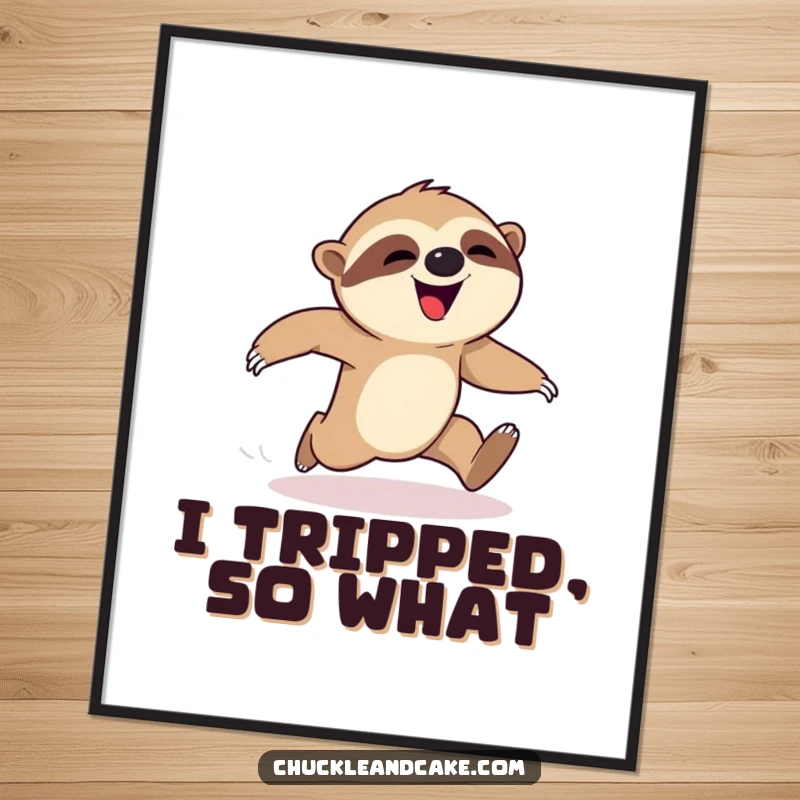 Funny sloth poster, happy sloth tripping during a race, humorous wall art, cute animal illustration, perfect funny gift for home decor.