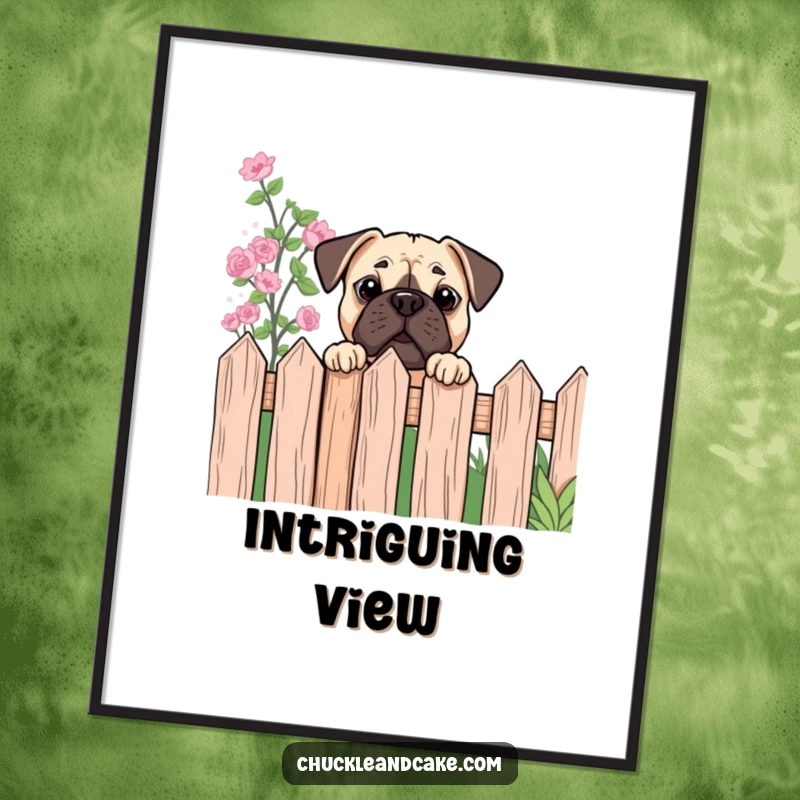 Funny Bullmastiff poster showcasing a dog curiously peeking over a garden fence, ideal for humorous wall art.