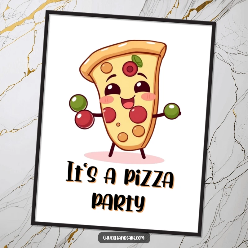 Funny poster of a giggling pizza slice juggling olives with its crust, bringing a humorous and appetizing vibe to decor.