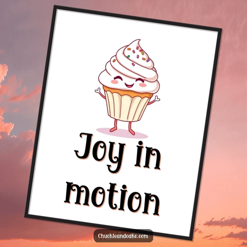 Funny poster art of a smiling, sprinkle-covered cupcake with tiny legs, performing a joyous dance, adding a pop of color and humor.