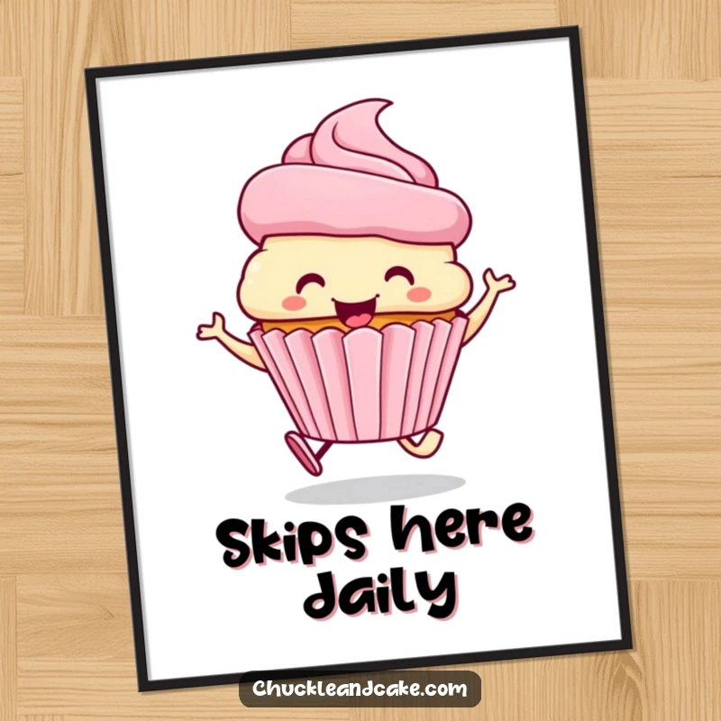 Funny poster showing a smiling cupcake with a frosting hat, skipping joyfully.