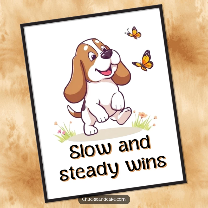 Funny Basset Hound with droopy ears chasing a butterfly, humorous dog wall art, droopy ears charm, perfect funny gift.