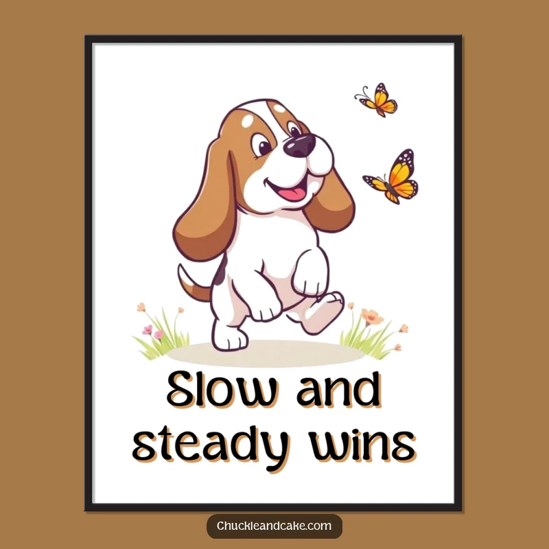 Funny Basset Hound Butterfly Art Print - Droopy Ears Chase Decor, Charming Funny Gift