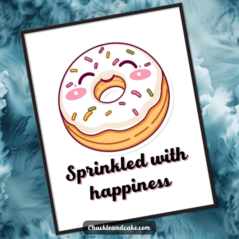 Funny poster showcasing a delighted, sprinkle-covered donut winking playfully, adding a touch of sweet humor to any wall.