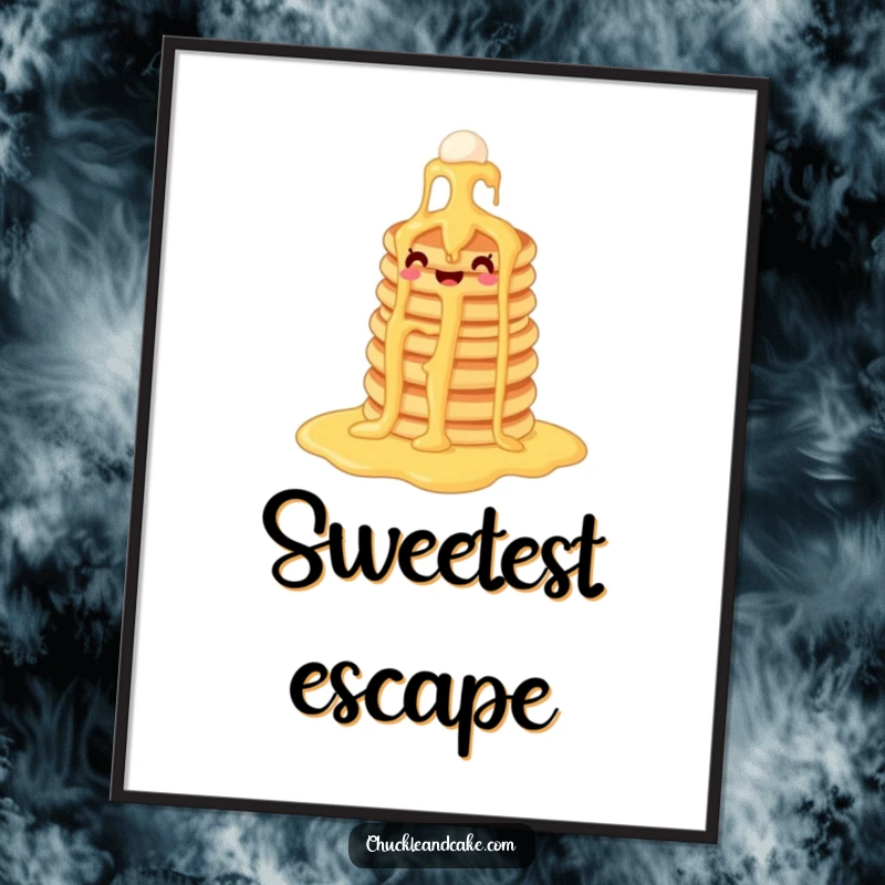 Funny pancake poster showcasing a delicious scene of pancakes sliding down a syrup waterfall, a true celebration of breakfast fun.