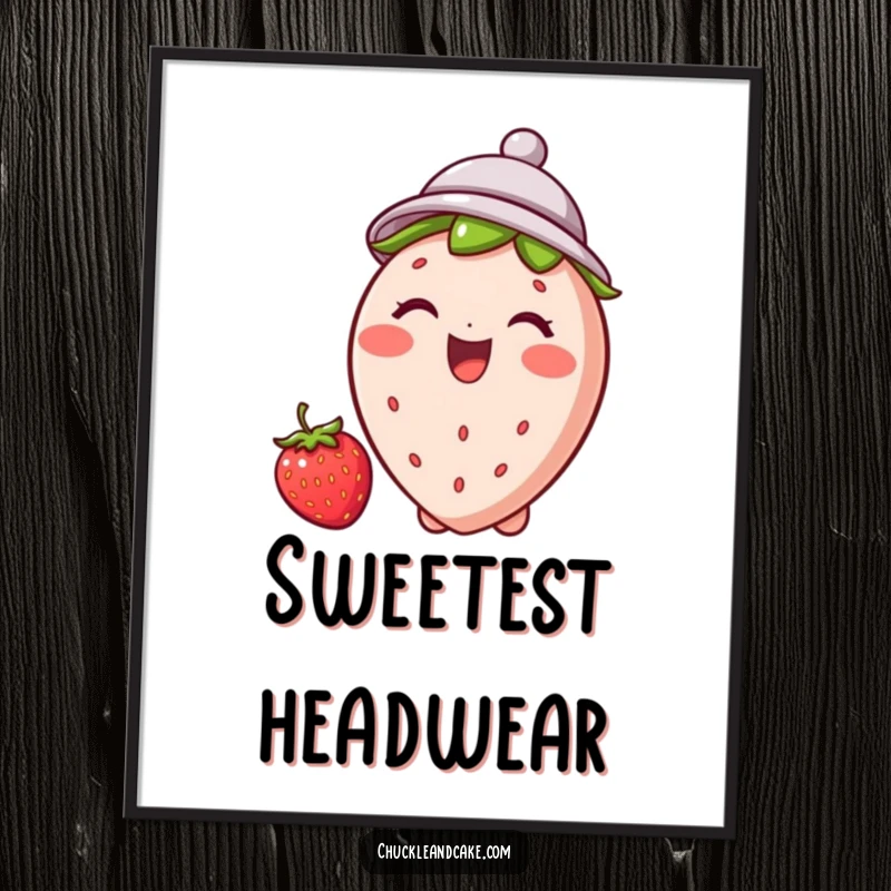 Funny strawberry poster depicting a jubilant strawberry wearing a tiny hat and giggling, bringing sweet delight to any wall.