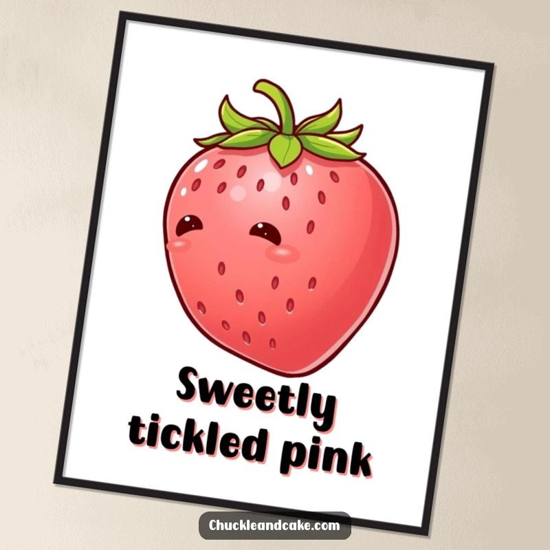 Funny strawberry with leaves giggling uncontrollably, a poster showcasing pure joy and humor through a tickled fruit character's laughter.