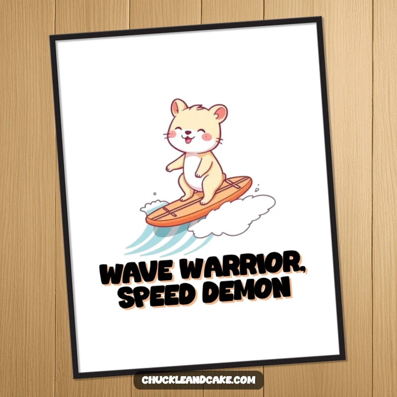 Funny poster art of an animal gleefully riding a tiny surfboard down a gentle ocean wave.