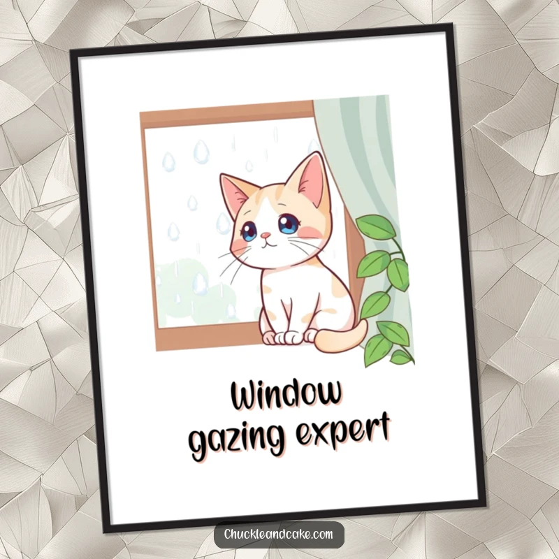 Funny poster art of a Bobtail cat sitting by a window, watching raindrops, creating a peaceful and contemplative atmosphere.