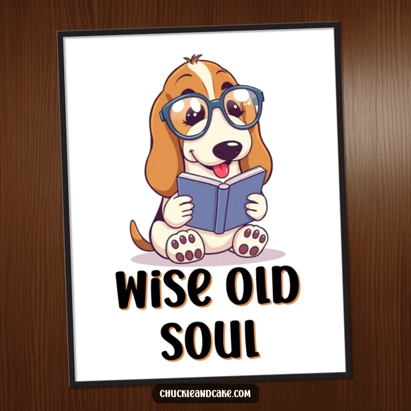 Funny Basset Hound with droopy ears wearing spectacles, reading a tiny book, intellectual dog wall art, humorous bookworm design, great funny gift.