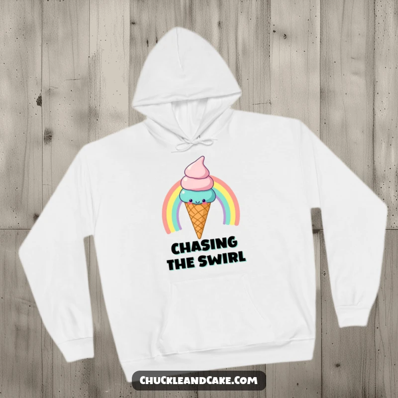 Funny Hoodie: A happy ice cream cone slides down a bright rainbow, offering comfort and sweet fun.