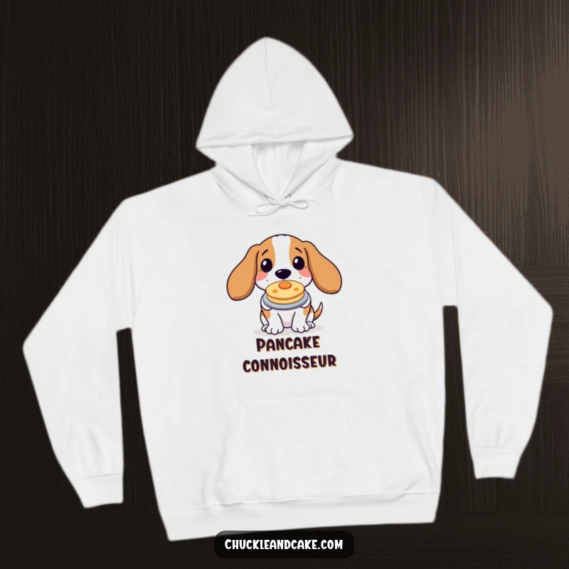 Funny Basset Hound Hoodie showcasing a proud dog with a tiny pancake, perfect for cozy days and dog enthusiasts.