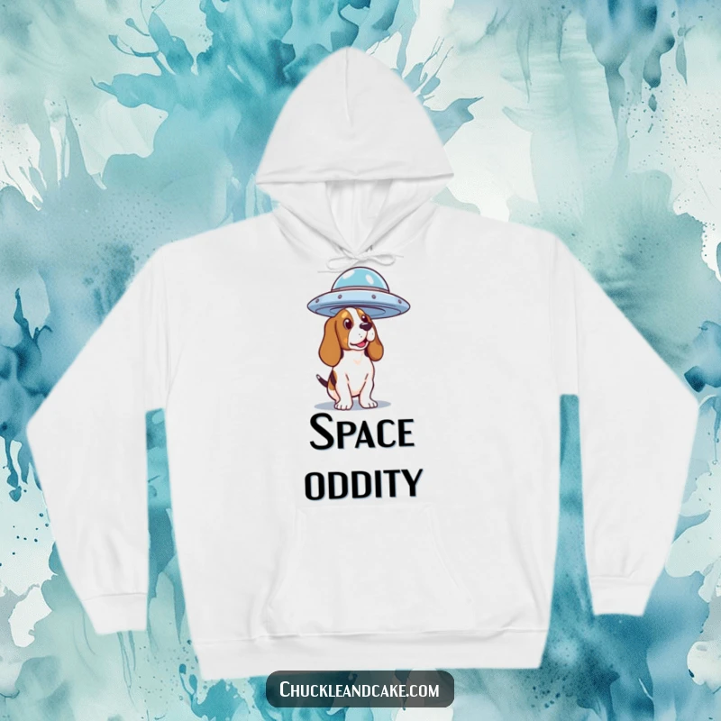 Funny Basset Hound Hoodie observing a flying saucer with immense curiosity, a cozy and humorous sci-fi fan item.