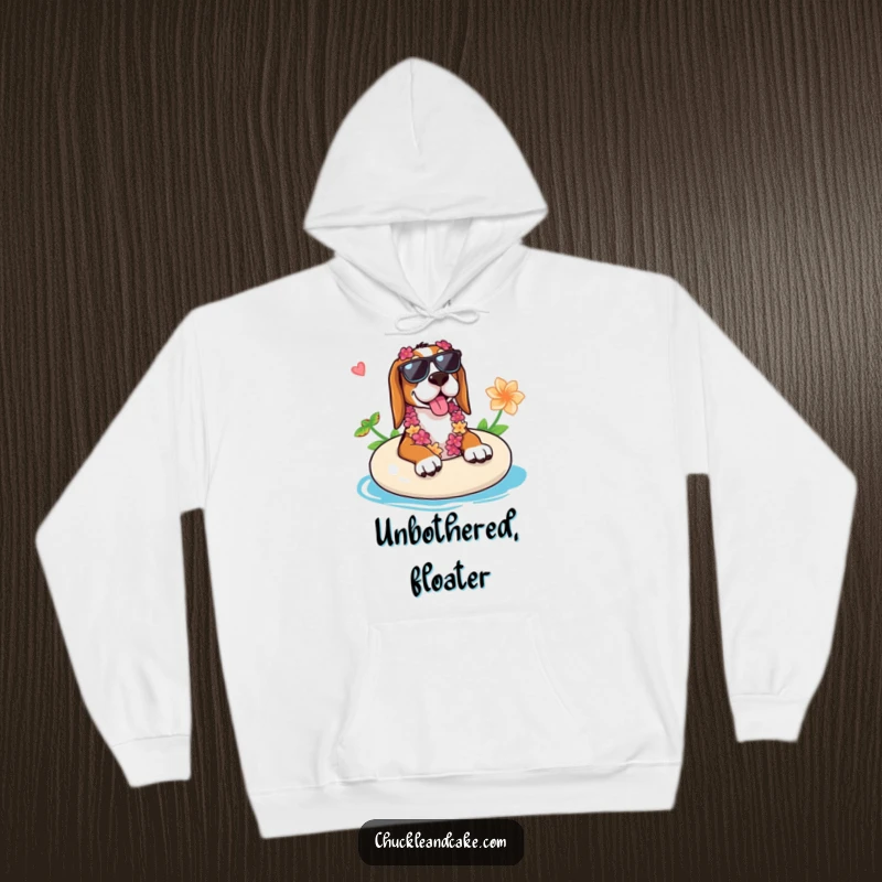 Funny Basset Hound hoodie showing a Basset Hound in sunglasses and a lei lounging on a float, perfect for cozy relaxation.