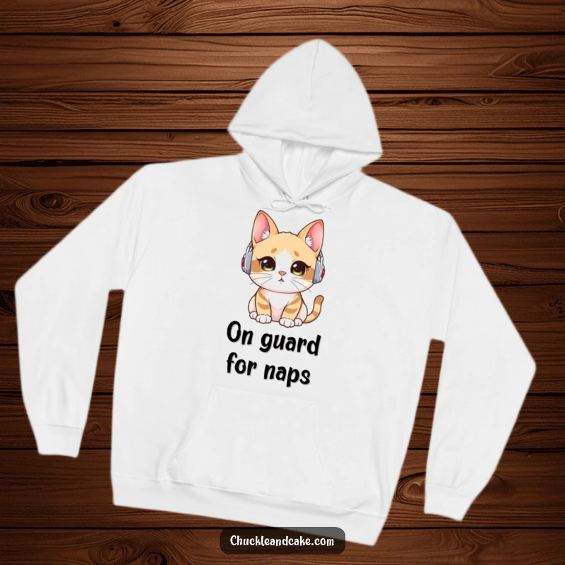 Funny hoodie featuring a Bobtail cat wearing ear warmers, head tilted, listening intently, ideal for cozying up and focusing.