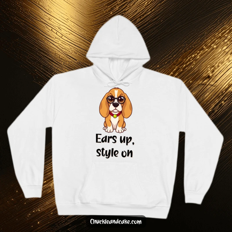 Funny Basset Hound hoodie, droopy-eared dog wearing a monocle, looking noble and humorous, perfect for cozy elegance.