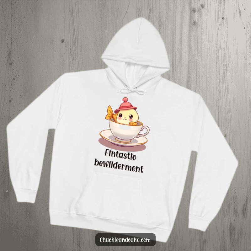 Funny bewildered fish in a tiny hat floating in a teacup on a warm hoodie, perfect for cozy and quirky vibes.