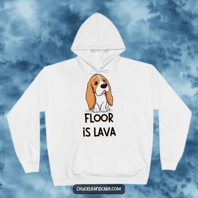 Funny Basset Hound with droopy ears tripping over its own long ears, clumsy dog hoodie, humorous pet apparel, perfect warm funny gift.